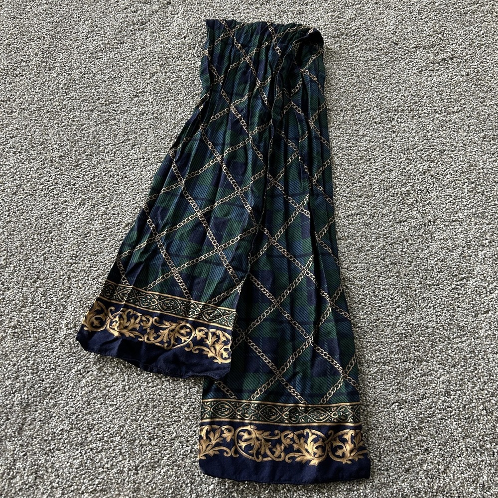 Rectangle Scarf Womens One Size Blue Chain Plaid Satin Gold Border Fall Winter